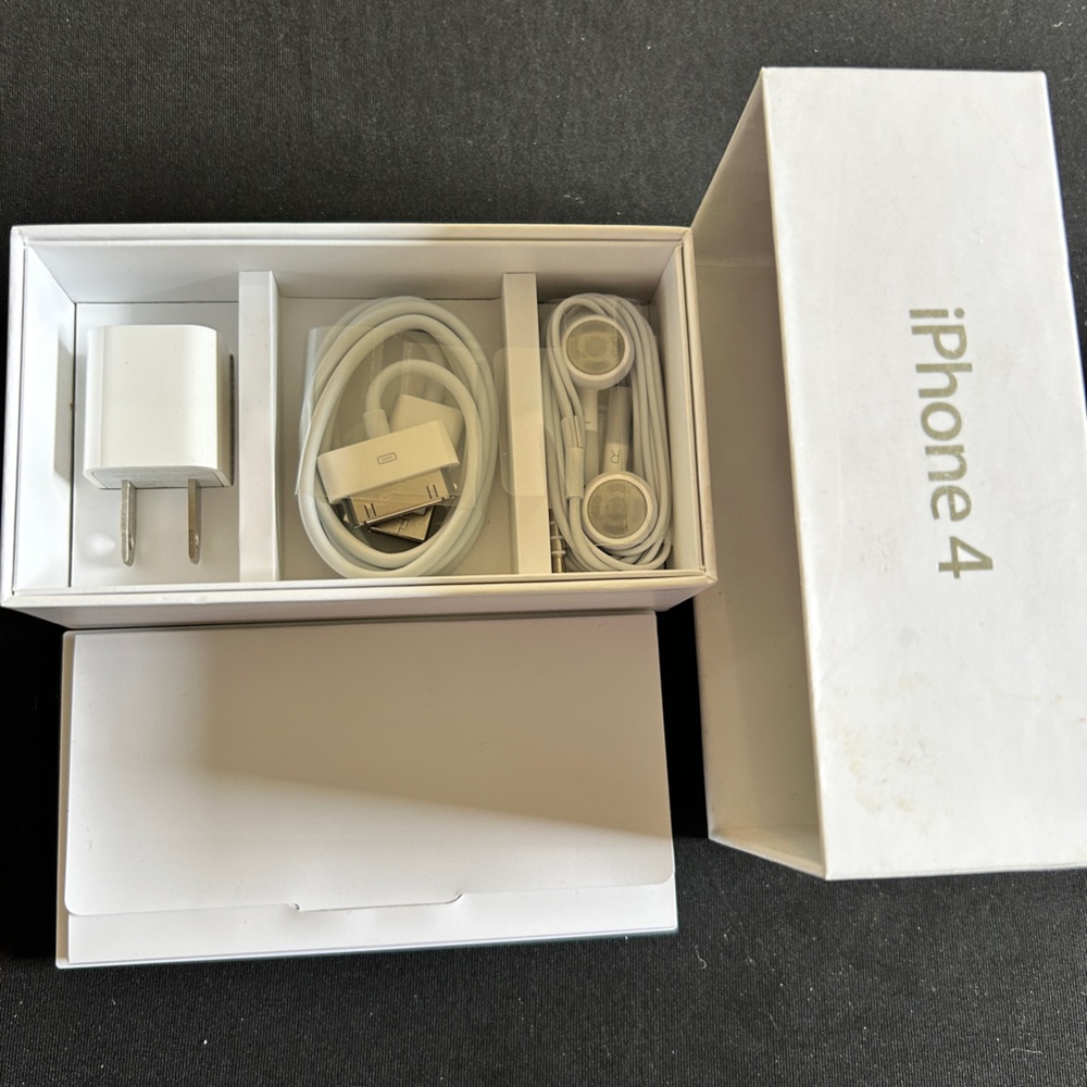iPhone 4 box, charger,ear buds NIP